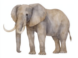 Fototapeta premium Realistic illustration of an elephant standing majestically with large tusks, showcasing its textured skin and powerful physique in a natural pose, embodying strength and grace