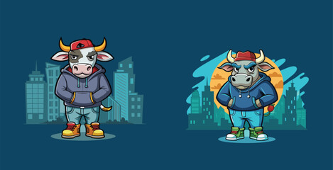 Fototapeta premium Streetwise Cow Wearing Baggy Jeans and Sneakers Vector Illustration Cityscape Background