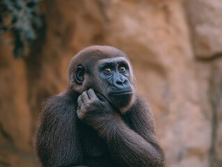 Fototapeta premium Thoughtful primate with expressive eyes is resting its chin on hand, surrounded by natural rocky habitat, showcasing a moment of contemplation and curiosity in wildlife