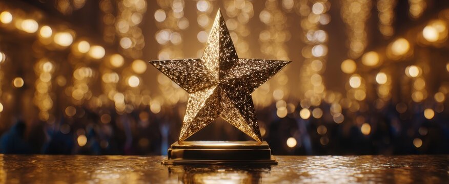 The golden star trophy on reflective table with bokeh lights and glitter - Powered by Adobe