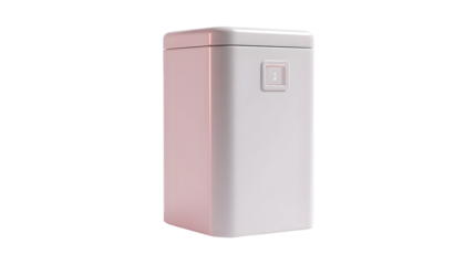 A white rectangular appliance with rounded edges against a black background in studio lighting