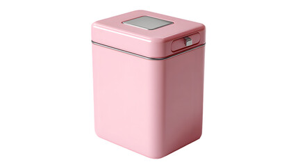 A pink square metal container with a silver accent on a black background in a studio setting