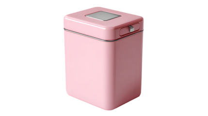 A pink square metal container with a silver accent on a black background in a studio setting