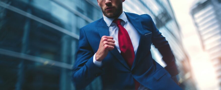 The Businessman Running Through Glass Tower Alley During a High Speed Urban Commute