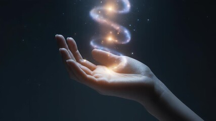 Hand Holding Glowing Light Energy Swirling in Darkness with Sparkling Particles