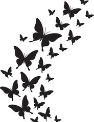 Black silhouette butterflies flying in a swarm against a white background butterfly