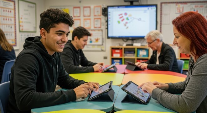 Students and teacher use tablets in a brightly lit classroom