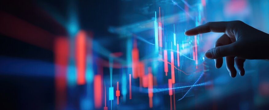 The hand touching a glowing digital financial candlestick chart hologram on screen - Powered by Adobe