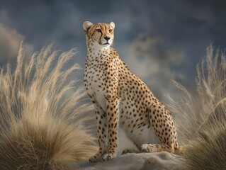 Fototapeta premium Cheetah sitting majestically on a rocky outcrop surrounded by tall grass, showcasing its distinctive spotted coat and alert expression in a serene natural environment
