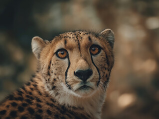 Fototapeta premium Cheetah with striking amber eyes gazes intently at the viewer, showcasing its distinctive spotted fur and powerful presence in a natural habitat setting