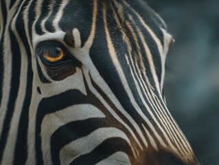 Close-up of a zebra's eye showcasing intricate black and white stripes, highlighting the unique patterns and textures of its fur, emphasizing the beauty of wildlife