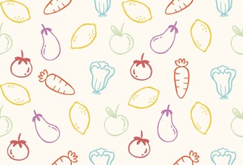 Colorful vegetables seamless pattern on beige background.Hand drawn vegetables lemon,carrot,eggplant,lime,tomato and cabbage in doodle style.