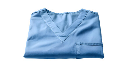 A folded light blue medical scrub top with a v neck and a pocket on a black background is centered