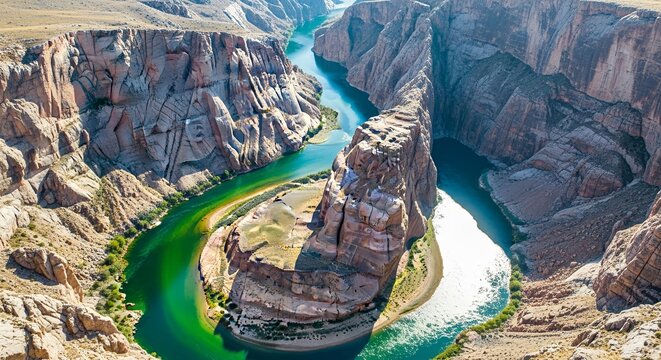 Stunning aerial view of Horseshoe Bend and the Colorado River's vibrant green waters - Powered by Adobe