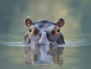 Fototapeta premium Hippopotamus emerging from calm water, showcasing its large eyes and ears, surrounded by a serene natural environment, reflecting tranquility and wildlife beauty