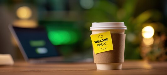 The coffee cup with a welcome back sticky note on a wooden desk