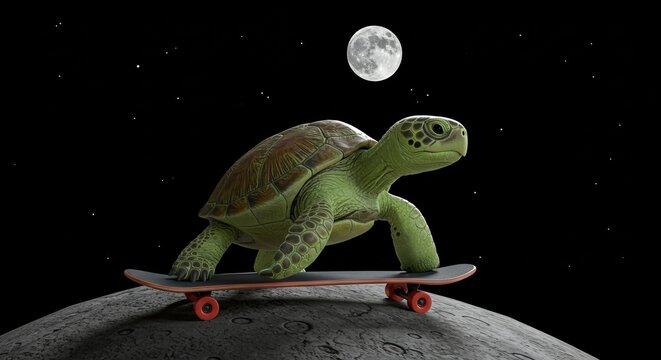  Whimsical Green Turtle Skateboarding Adventure Under Moonlight on the Moonscape
