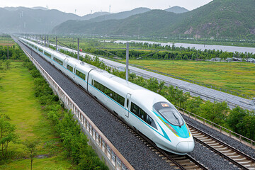 Fototapeta premium High-speed train travels through green landscape near mountains on a clear day
