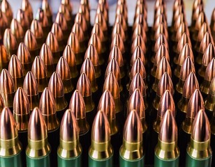 rows of military rifle bullets with metallic tips and green casings close up view