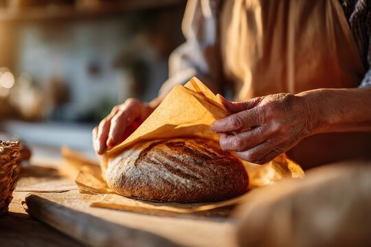 Hands gently wrapping freshly baked bread in beeswax food wrap at a rustic kitchen