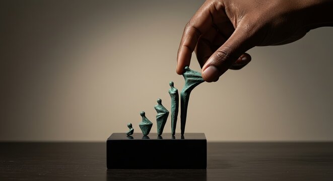 Hand meticulously arranging miniature stylized bronze figures on display stand