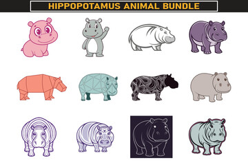 Adorable Hippopotamus Illustrations Bundle Cartoon Hippos Clipart Designs