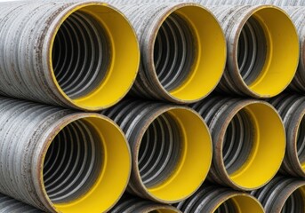 Corrugated pipes with yellow interior stacked in rows, construction material for infrastructure