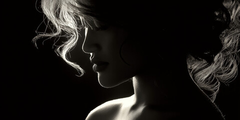 Naklejka premium Dramatic rim-lit Silhouette of a Feminine Figure with curly hair detail
