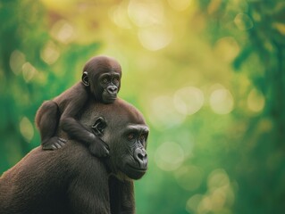 Obraz premium Adult gorilla carrying a baby gorilla on its back, surrounded by lush greenery, showcasing the bond between mother and child in a natural habitat