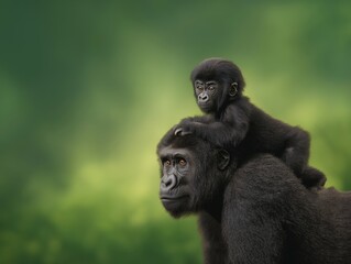 Adult gorilla with a young gorilla sitting on its back, surrounded by a lush green environment, showcasing the bond between mother and child in the wild
