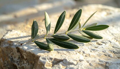 Olive branch resting on smooth stone surface, natural light