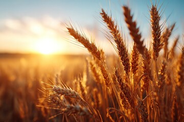 Golden wheat field glows in the warm light of late August sunset