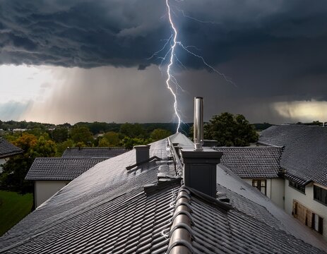 storm wracked rooftop with lightning rod offering protection and safety amidst swirling energy of wet weather