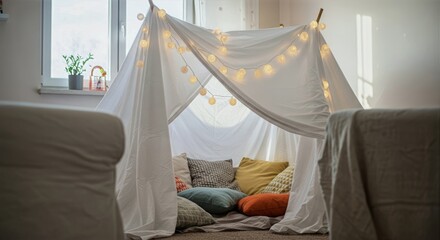 Sunlit living room with a cozy blanket fort nestled between couches, soft pillows and fairy lights inside