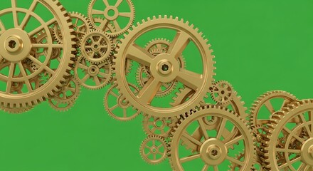 Golden interlocking gears create dynamic motion, symbolizing progress and industry