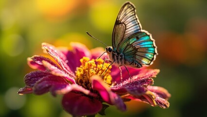 Obraz premium A beautiful butterfly with a blue and red pattern sits on a bright pink flower with a yellow center in a sunny garden. The atmosphere of a summer day and nature's beauty