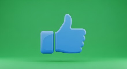 Obraz premium Shiny blue thumb up icon floats against a vibrant green background, signifying approval