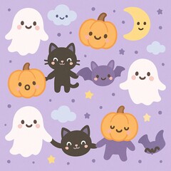 Obraz premium Cute Halloween Pattern with Ghosts, Black Cat, Pumpkins, Bat, and Moon – Kawaii Seamless Background