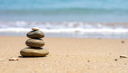 Simple pebble stack on sandy shore, subtle wave in background