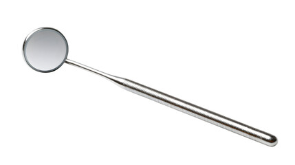 A dental mirror with a metallic handle and a circular reflective surface on a black background plain shot