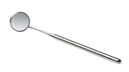 A dental mirror with a metallic handle and a circular reflective surface on a black background plain shot