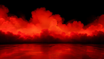 Dramatic red clouds glow above a dark reflective water surface.