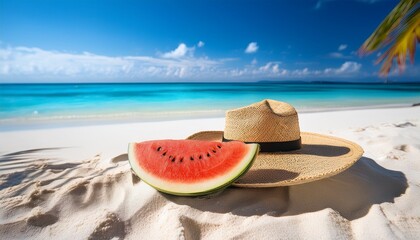 fresh sliced watermelon and straw hat on a sunny white beach with summer vibes