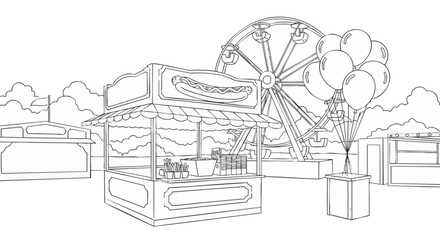 Detailed line art of a classic amusement park scene with a hot dog stand, Ferris wheel, and balloons. Perfect for coloring pages or design projects.