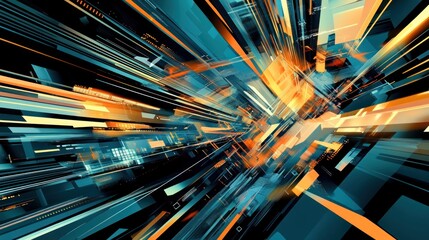 Abstract digital art depicting a futuristic, high-speed tunnel of vibrant orange and teal lines.