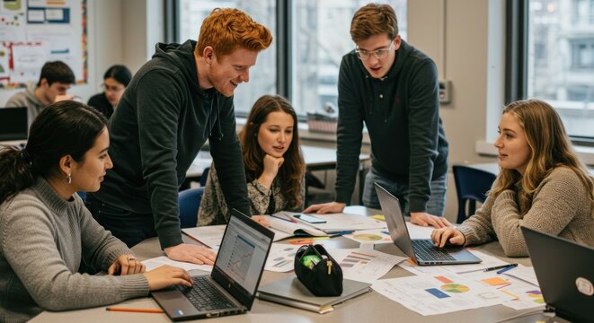 Students collaborating on a project around a table with laptops and papers