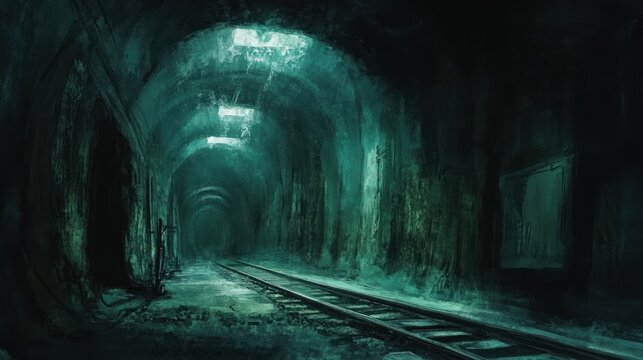 Fototapeta Dark, damp, abandoned subway tunnel with train tracks, arched ceilings, and eerie atmosphere.