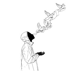A person in a hoodie with birds flying from their head in a minimalist black and white drawing style