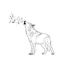 Line art of a howling wolf with musical notes emanating from its mouth in black and white style