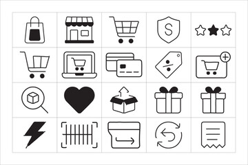 E-commerce and Online Shopping Black and White Vector Icon Set – Minimal Line Retail, Payment, and Delivery Icons
